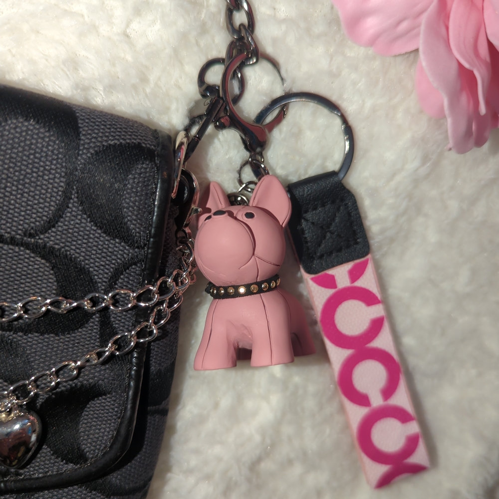 Coach Upcycled Pink French Bulldog Keychain Pink Logo Wrist Strap Chain Extender - Picture 3 of 4